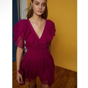 Gilner Farrar- Flutter Sleeve Smock Waist V-neck Magenta Finley Dress Size Small